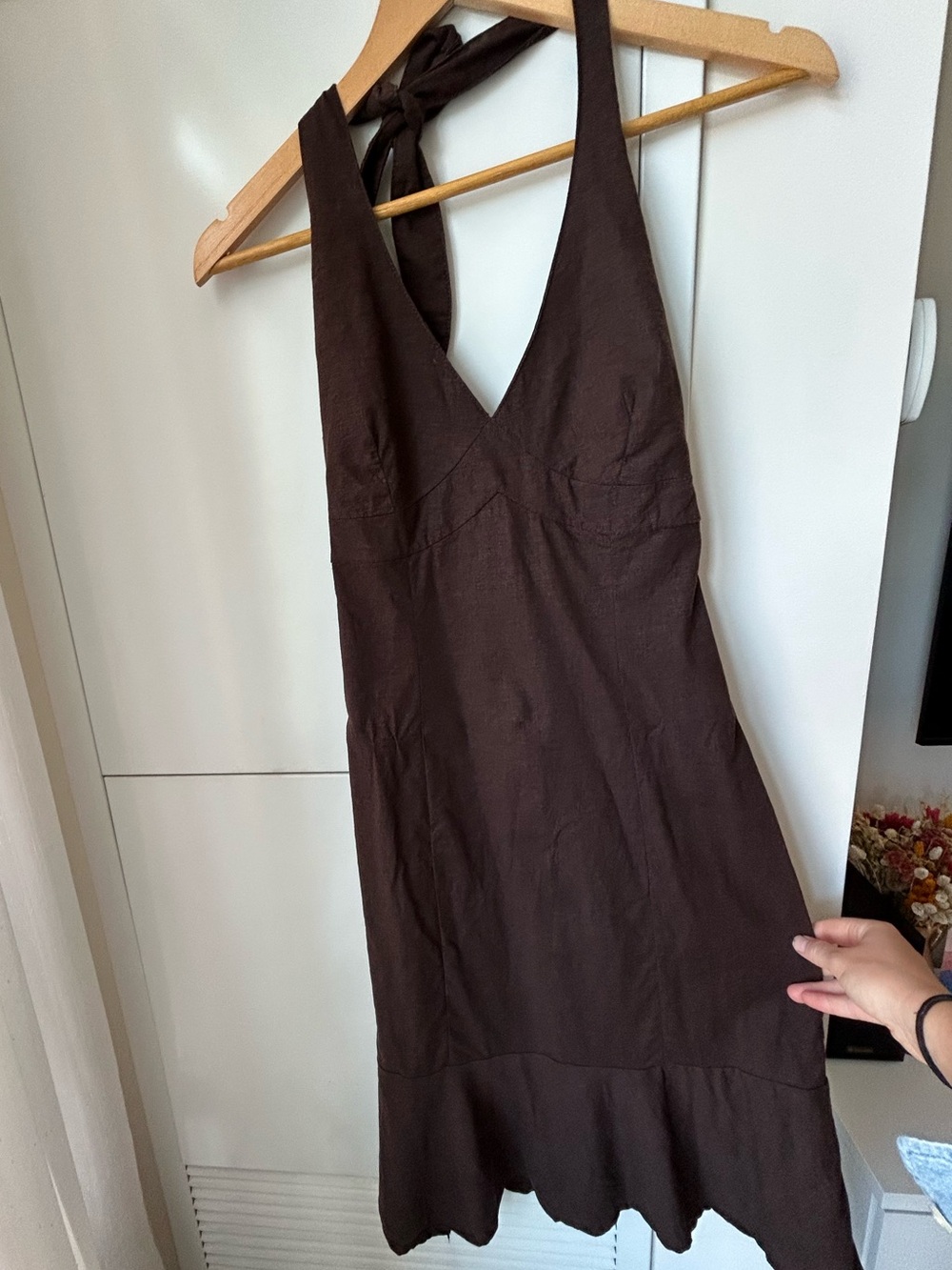 Linen-Blend Halter Neck Dress in Espresso size 4